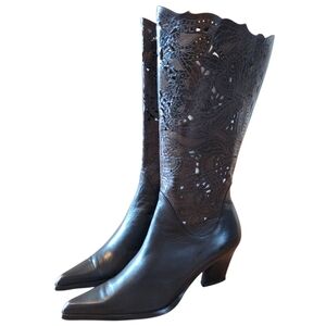 Franco Paolucci Black Italian Leather Filigree Cut Out Heeled Boots Size 38